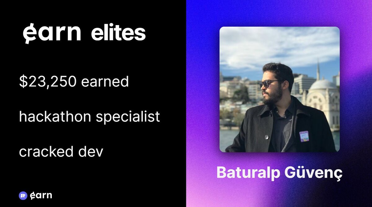A Superteam Earn card naming Baturalp Güvenç a hackathon specialist