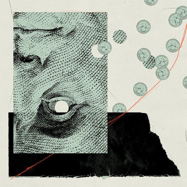 A collage of an engraved banknote portrait, falling coins and a rising curve