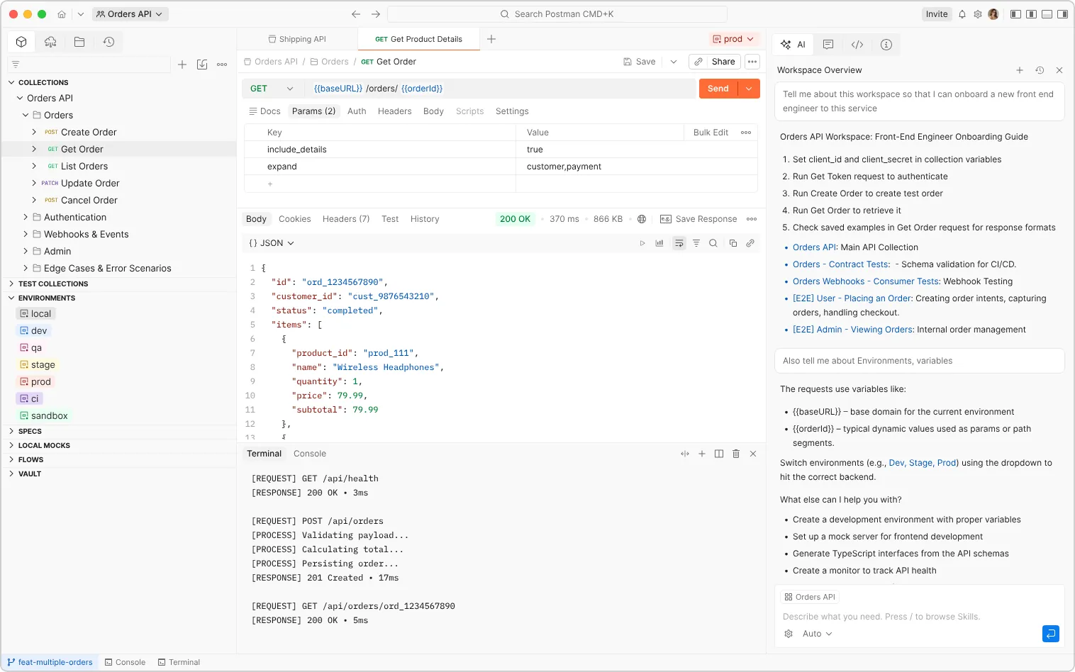 An API client showing a request collection and its response